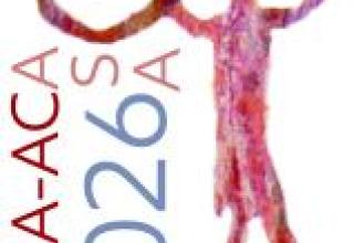 Conference logo, human holding a round object, rock art style