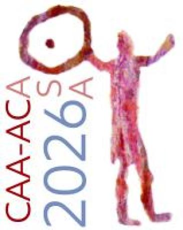 Conference logo, human holding a round object, rock art style