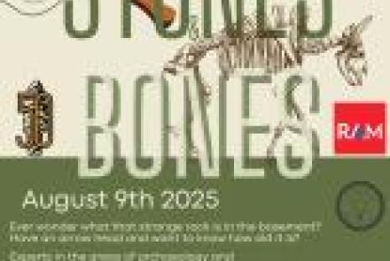 Stones and bones poster with bison skeleton and a maul